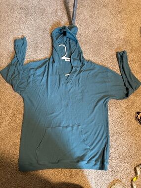 Teal Hooded Waffle-Knit Pullover